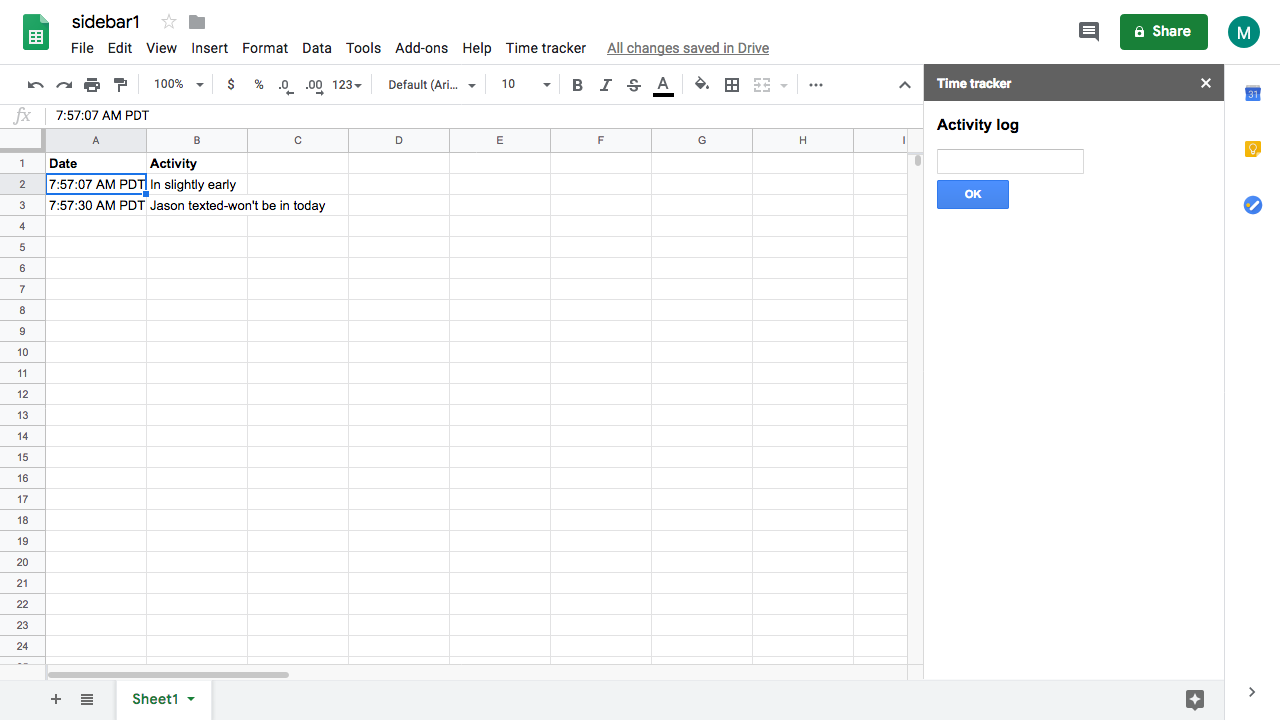 The finished product: a spreadsheet app running in a sidebar